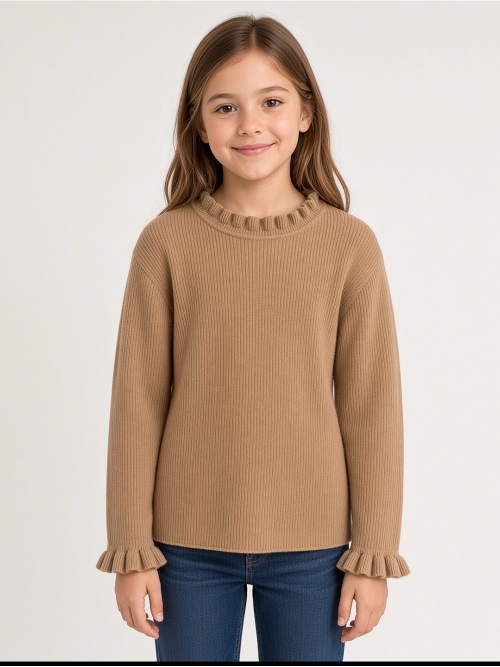 mínimo bébé Girls Camel Ribbed Knit Sweater Ruffle Neck Cuffs